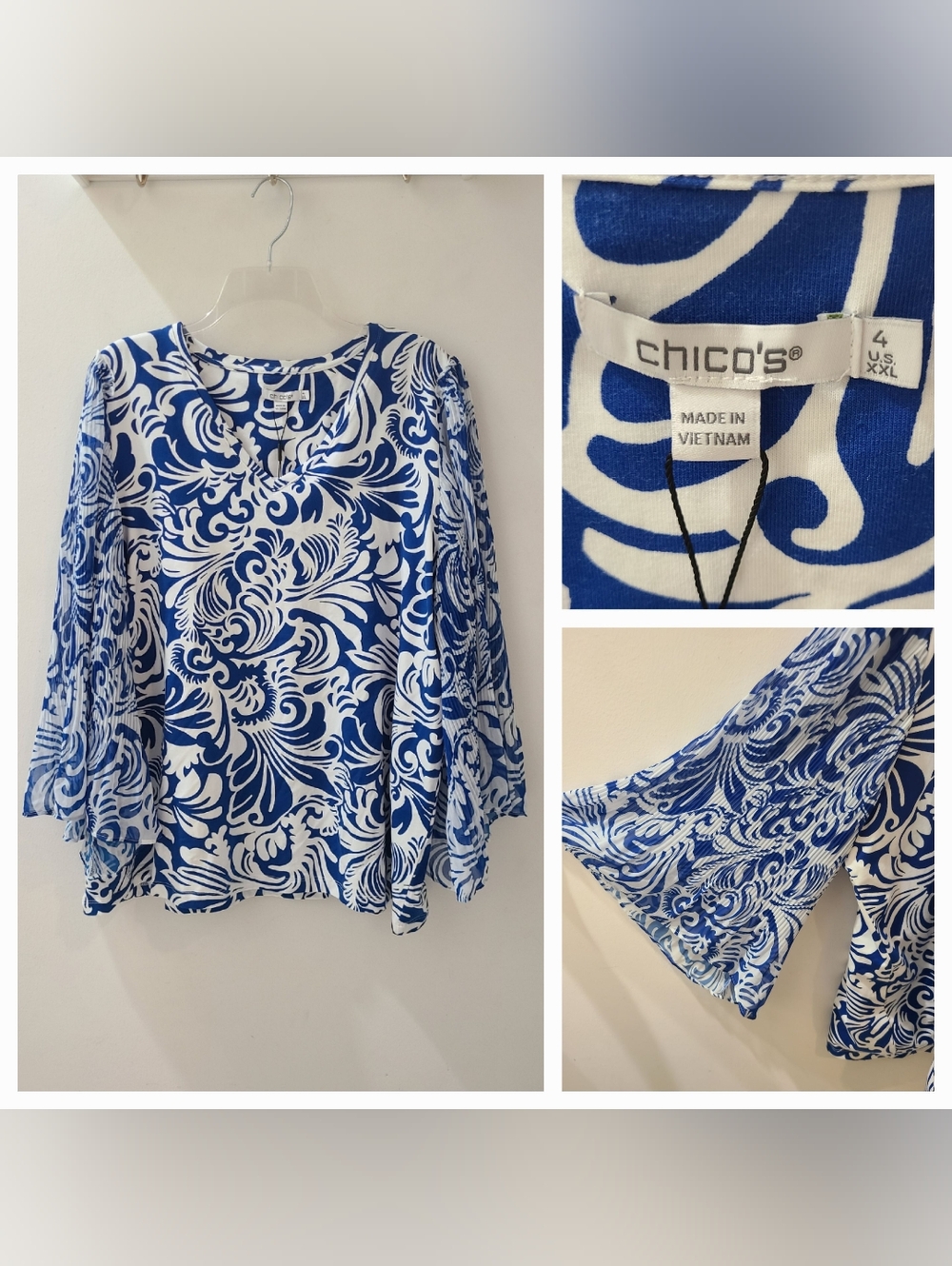 Chico's Pleat Sleeve Knit Top Blue/White Intense Azure Sz 4 NWT Statement Sleeve